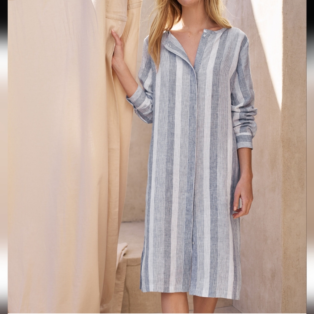 Talbots Haven Well Within Linen Wide Stripe Shirt Dress Beach NWT L